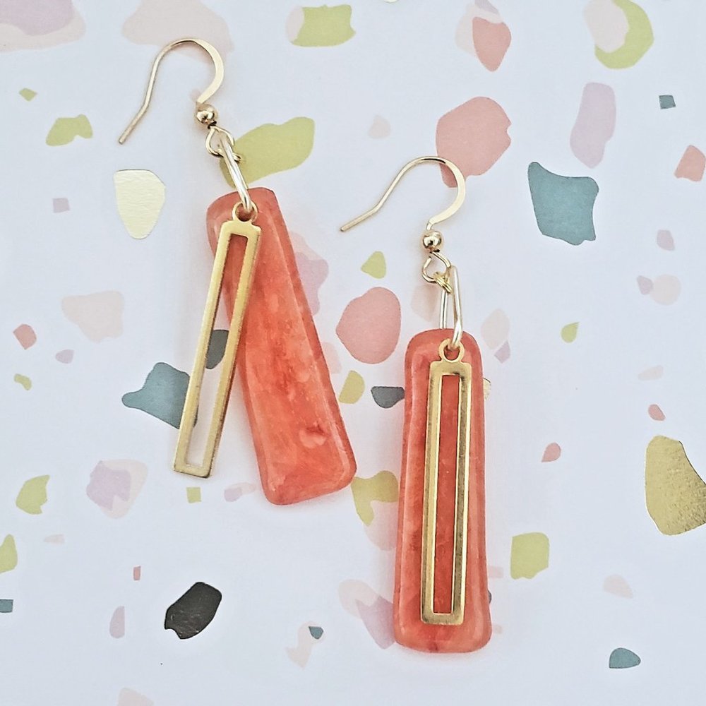 Coral & Gold Polymer Clay Bar Earrings